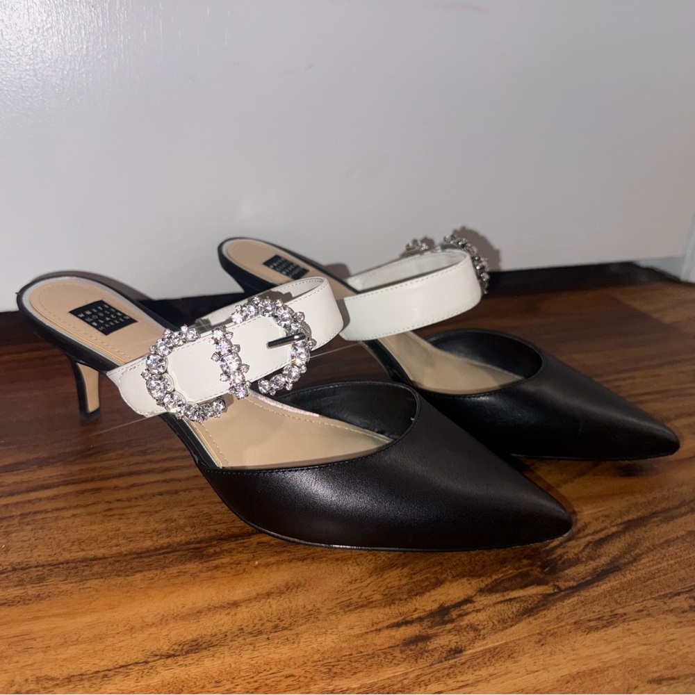 White House Black Market Black and White Heels with Sparkling Buckle